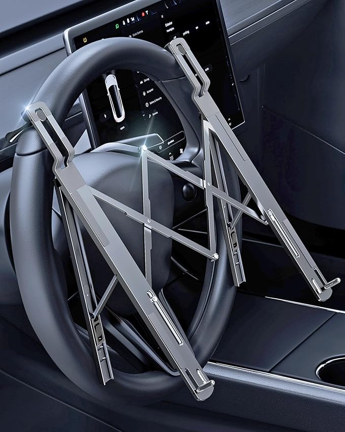 Steering Wheel Laptop Holder for Car SUV Pickup Truck Tesla Vehicle Workstation, Adjustable Foldable Portable iPad Tablet Laptop Stand for Desk, Tiktok Car Travel Essentials 2026 -Gray