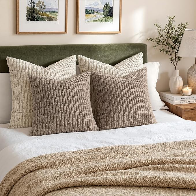 MIULEE Pack of 2 Corduroy Decorative Throw Pillow Covers 18x18 Inch Soft Boho Striped Pillow Covers Modern Farmhouse Home Decor for Sofa Living Room Couch Bed Light Brown