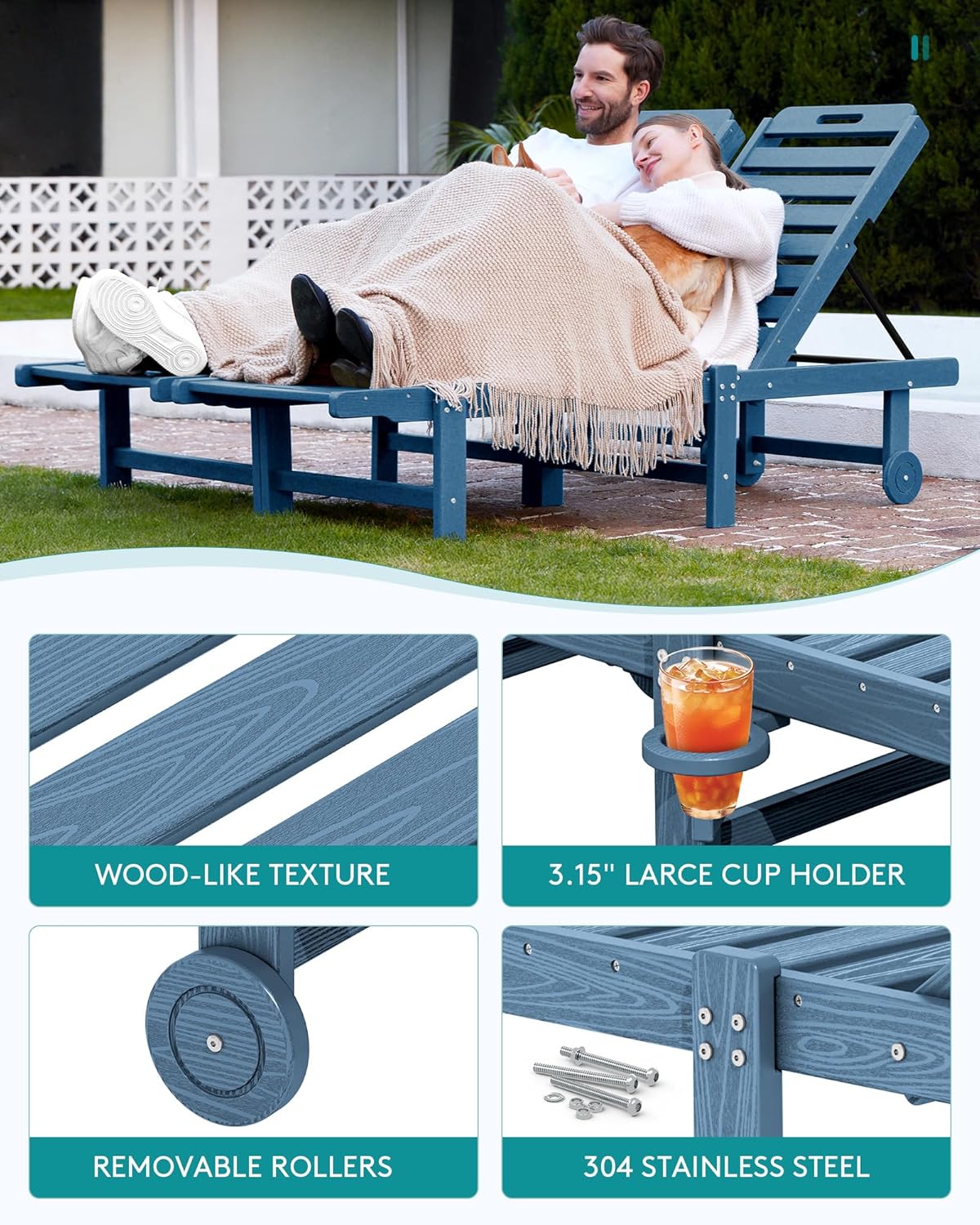 SERWALL Patio Chaise Lounge Set of 4, HDPE Outdoor Lounge Chair with Cup Holder, 5 Positions Adjustable Poly Lounge Chair with Rolling Wheels for Poolside, Deck, Sunbathing, Blue