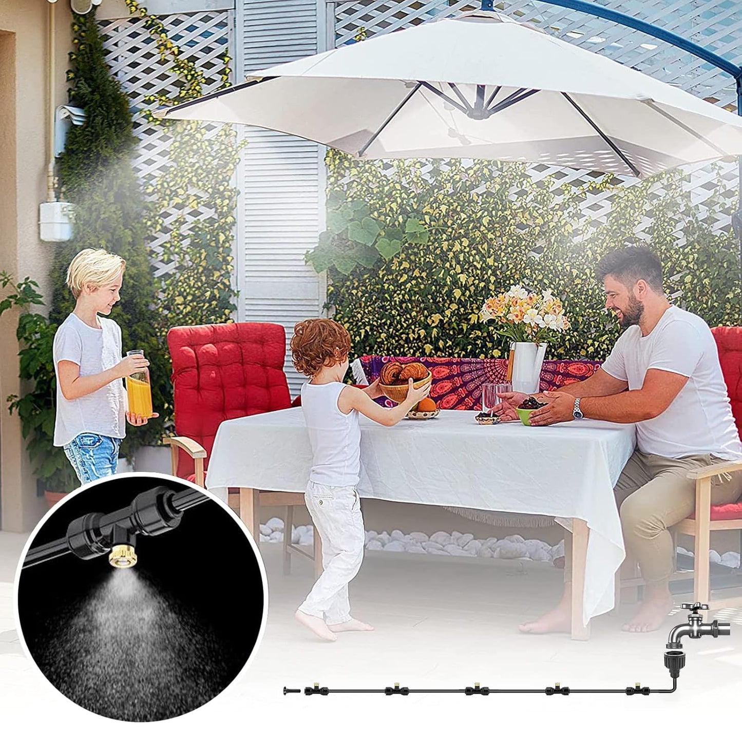 Misting Systems, Misters for Outside Patio, 100FT Misting Cooling System+30 Brass Mister System+2 PE Antioxidant Adapters 3/4"+2 Tee Adapters+2 90 Degree Elbows for Pasture, Garden, Greenhouse, Gazebo