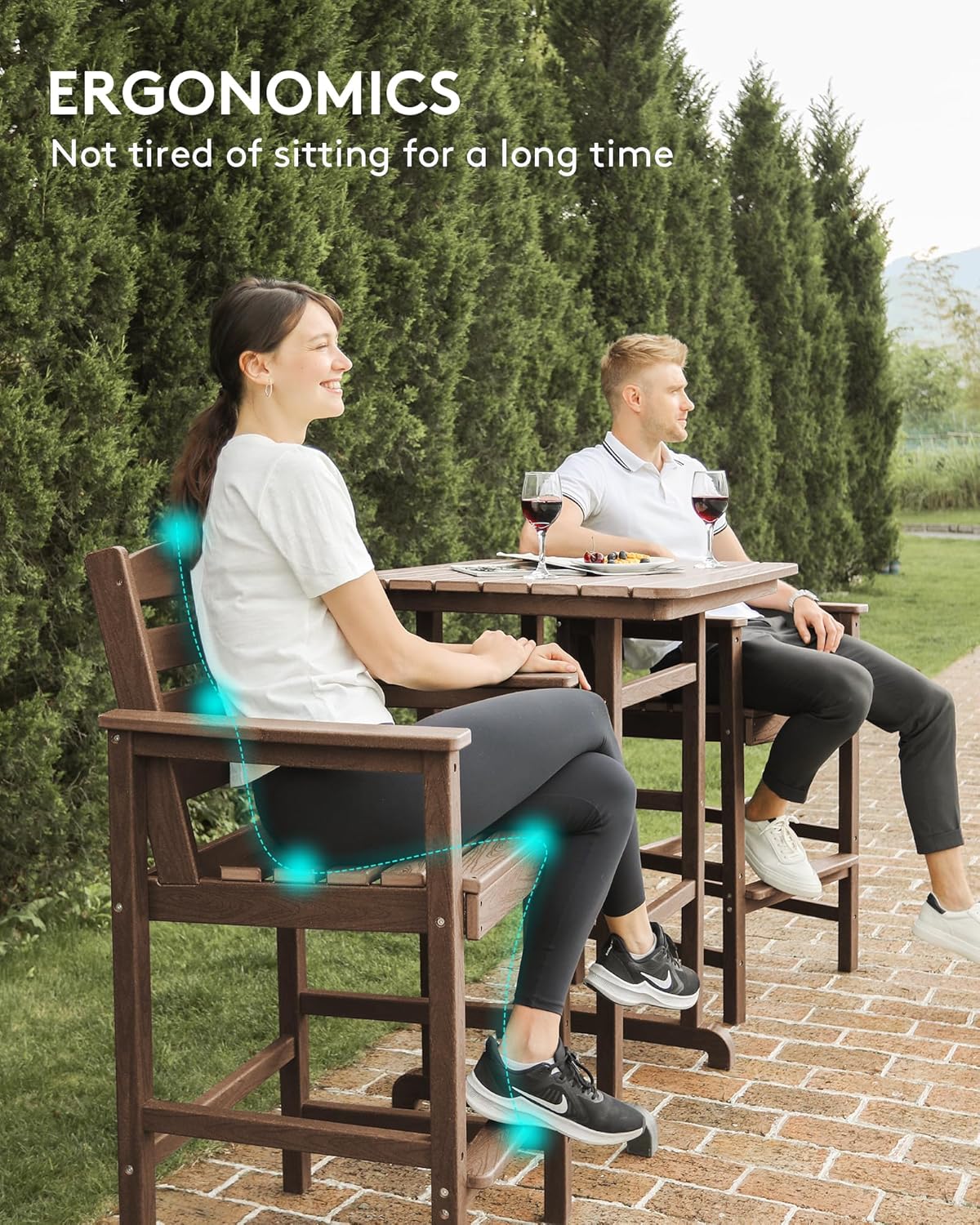 SERWALL Balcony Adirondack Chairs and Table 3 Pieces Set, Adirondack Bar Height Chairs Set of 2 and Bar Table, Outdoor Bar Stools Set for Bistro, Poolside, Backyard, Brown