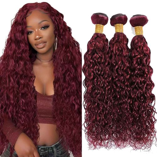 Fabimiya Human Hair Bundles Burgundy 99J Water Wave 26 28 30 Inch Bundles Human Hair 100% Unprocessed Burgundy Soft Sewn In Hair with Double Weft for Black Women