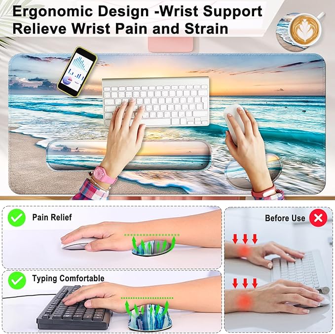Keyboard Wrist Rest + Mouse Pad with Wrist Support + Desk Mat + Coaster 4 in 1 Set, XXL Large Gaming Mousepad Cute Ergonomic Mouse Pads for Desk Computer Laptop Office Decor-Beach