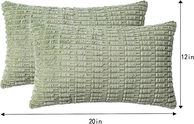 Aegero Pack of 2 Corduroy Decorative Throw Pillow Covers 12x20 InchSoft Boho Striped Pillow Covers Modern Farmhouse Home Decor for Sofa Living Room Couch Bed（Sage Green）