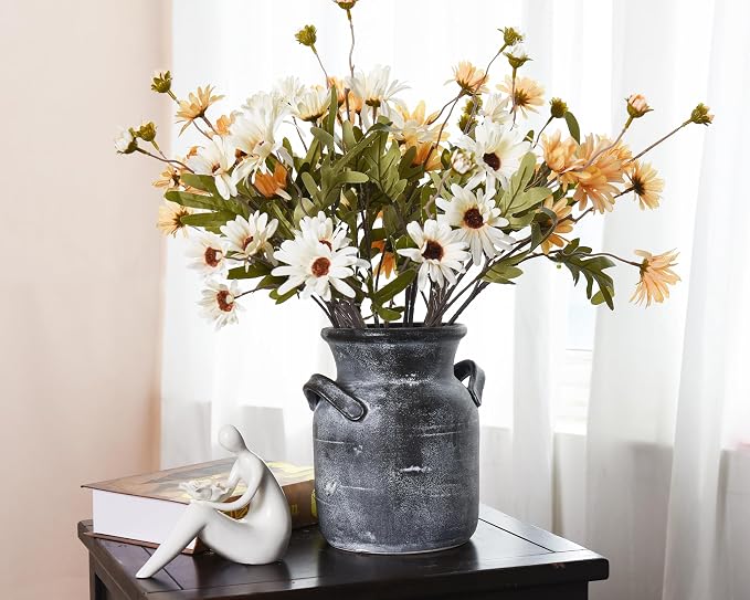 Quoowiit Ceramic Rustic Farmhouse Vase, Distressed Decorative Flower Vases for Home Decor, Ideal Shelf Decor, Grey Boho Vase for Living Room Bedroom Kitchen Office Centerpiece Table Decorations
