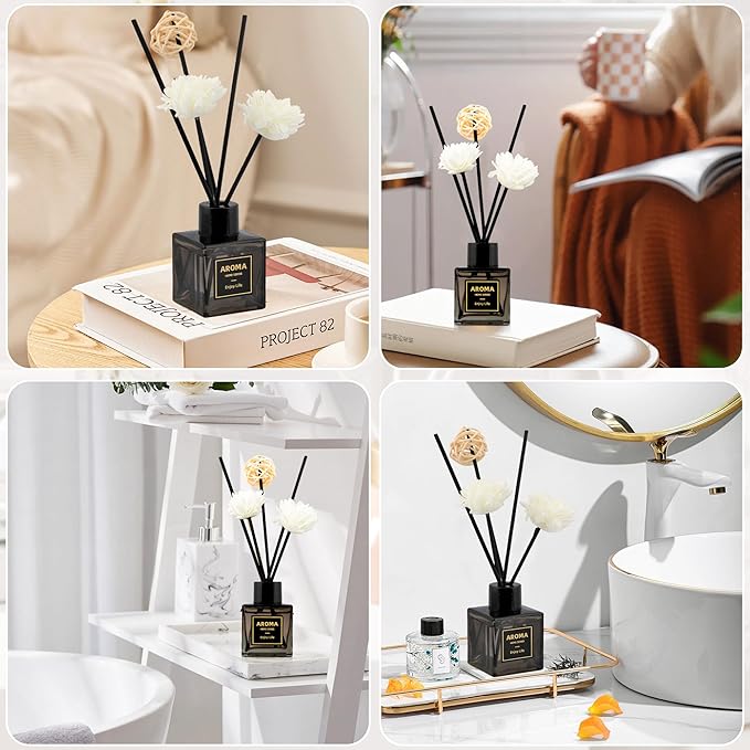 Black Glass Bottle Scent Diffuser, 1.7 oz Reed Diffuser with Sticks, Home Fragrance for Bookshelf, Bedroom Vanity, Office Desk & Bathroom Decor, Air Freshener for Aesthetic Room Decor (Jasmine)