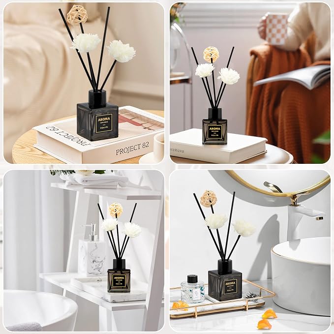Black Glass Bottle Scent Diffuser, 1.7 oz Reed Diffuser with Sticks, Home Fragrance for Bookshelf, Bedroom Vanity, Office Desk & Bathroom Decor, Air Freshener for Aesthetic Room Decor (Rose)