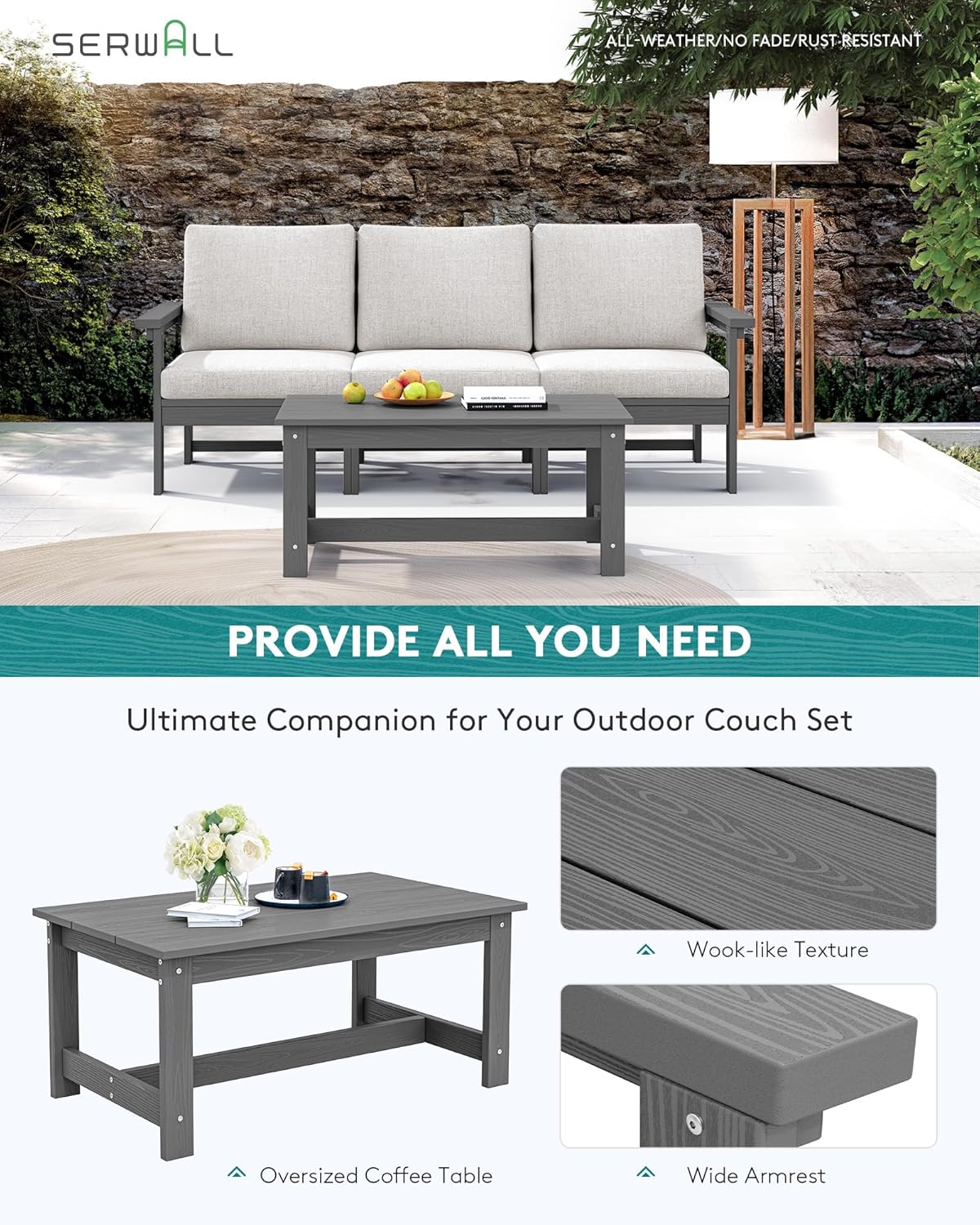 SERWALL HDPE Patio Sofa Set, 4-Piece Sectional Outdoor Furniture Set, All Weather Outdoor Couch Set Patio Furniture Set for Deck, Lawn, Grey Frame with Khaki Cushion