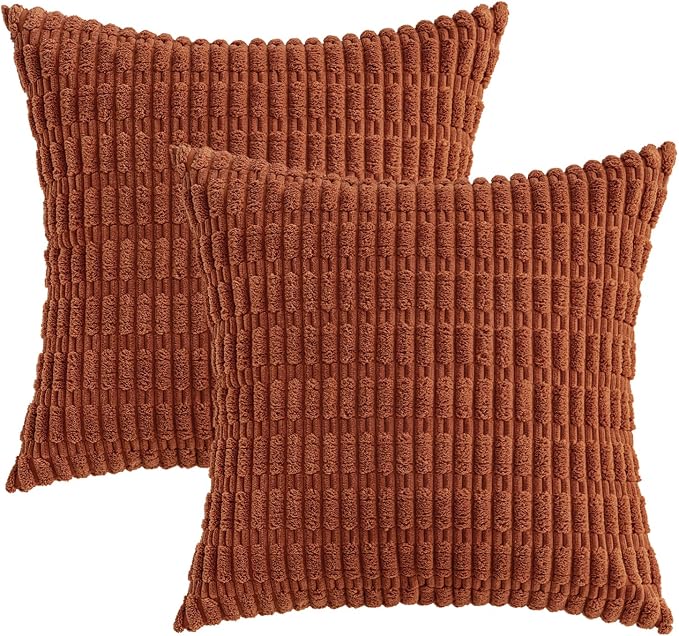MIULEE Pack of 2 Dark Rust Corduroy Decorative Pillow Covers 12x12 Inch Soft Boho Striped Throw Pillow Covers Modern Farmhouse Home Decor for Summer Sofa Living Room Couch Bed