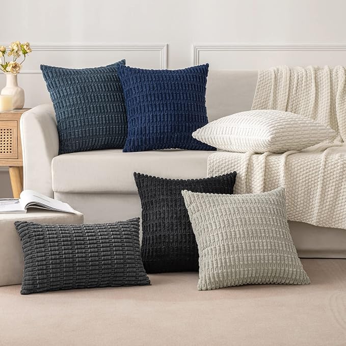 MIULEE Pack of 2 Corduroy Decorative Throw Pillow Covers 18x18 Inch Soft Boho Striped Pillow Covers Modern Farmhouse Home Decor for Summer Coastal Sofa Living Room Couch Bed Dark Blue