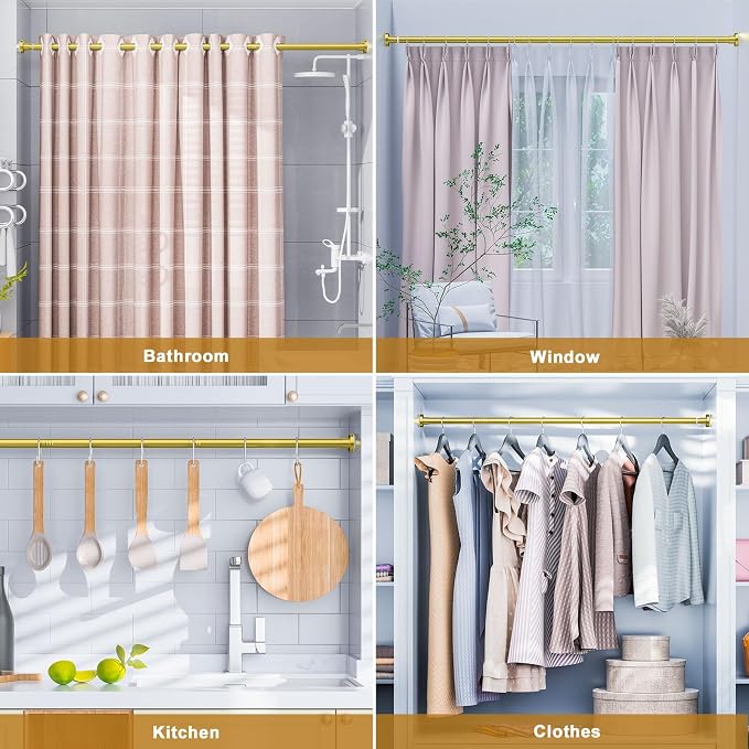 Ausemku Shower Curtain Rod 32-80 Inch Adjustable - 1 Inch Diameter Heavy Duty No drill Spring Tension Shower Rod, Non-Slip Rustproof Telescopic Rod for Bathroom, Gold