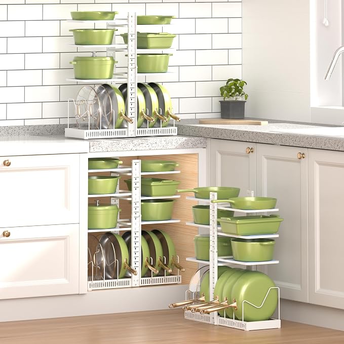 LAMU Pots and Pans Organizer under Cabinet, Pan Pot Organizers inside Cabinet with 6 Shelves and Pot Lid Organizer, Adjustable Height Up to 24", Holds up to 12 Pans, Lightweight Pots, White
