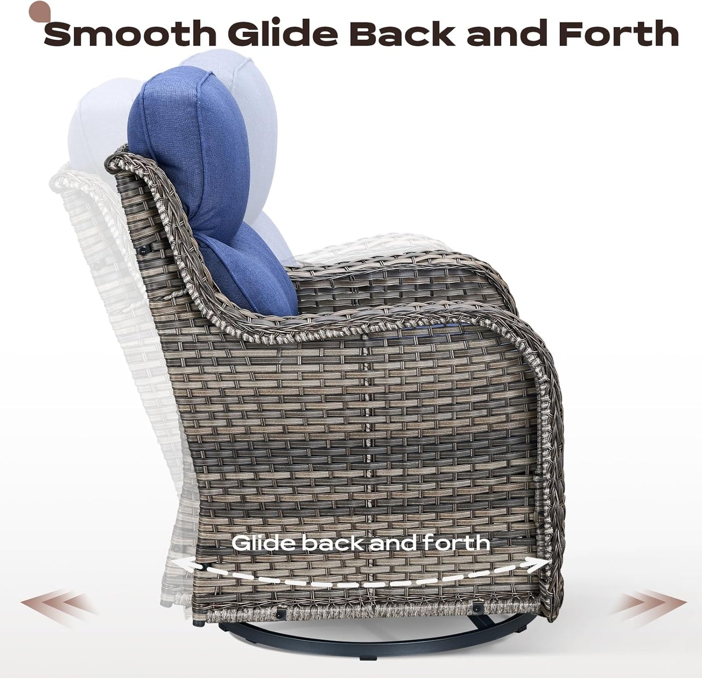 Wicker Outdoor Patio Furniture Set - 5 Piece Patio Conversation Sets with Swivel Rocker Chairs, Ottomans and Side Table, 6 inch Cushions, Waterproof Wicker, for Porch Deck Mixed Grey/Blue