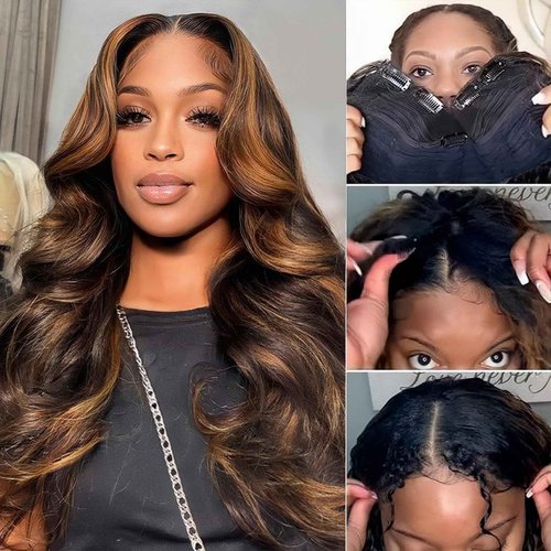 beautkol U Part Human Hair Wig Body Wave Highlight #1b/30 Ombre Brown Wig 180% Density U Part Wig Half Brazilian Virgin 100% Human Hair Wigs For Black Women Clip In Glueless No Leave Out Wig 20Inch
