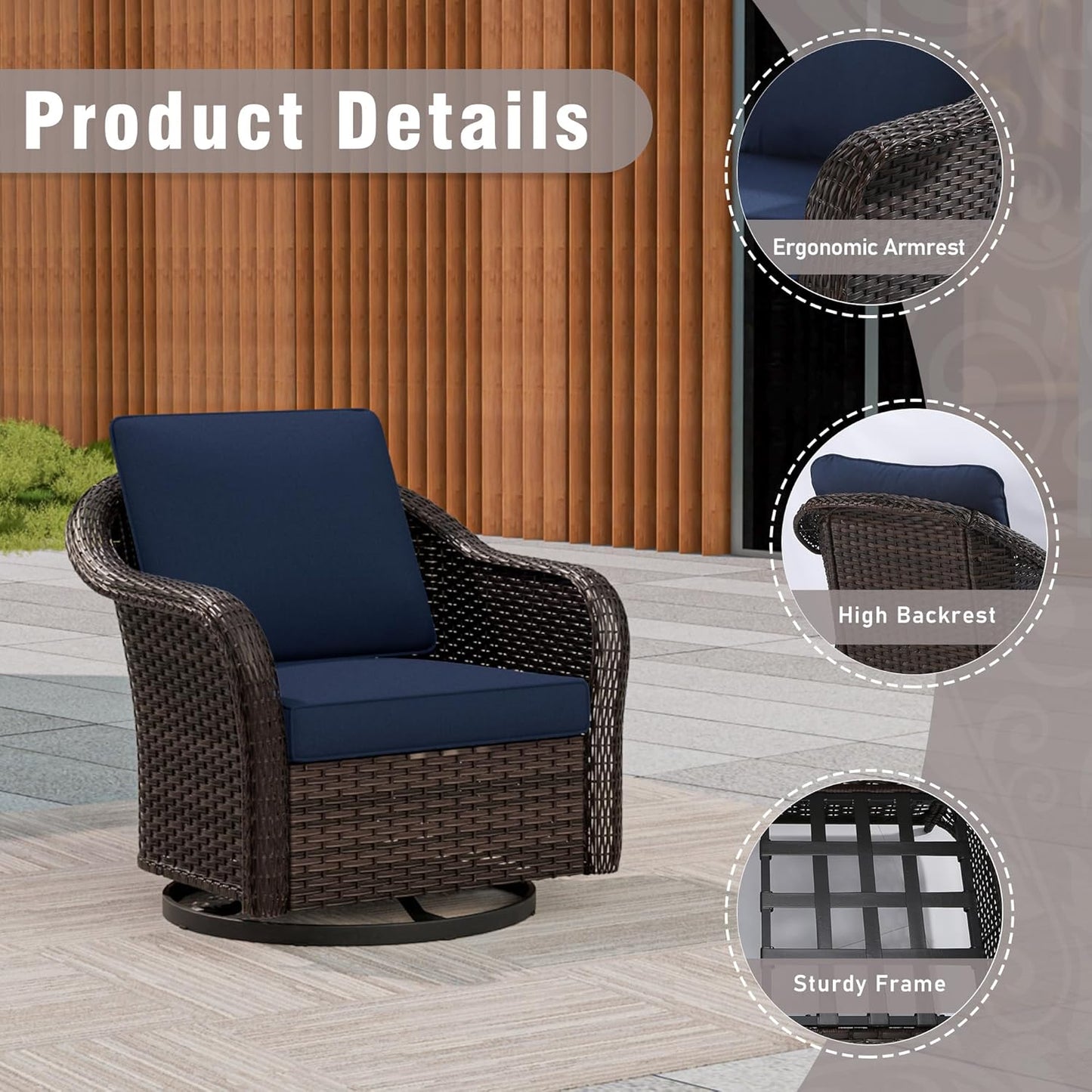 Outdoor Wicker Swivel Chair Set of 2, All-Weather Use Patio Rattan Chair with Seat and Back Cushion, Ideal for Porch, Backyard, Balcony, Poolside, Blue