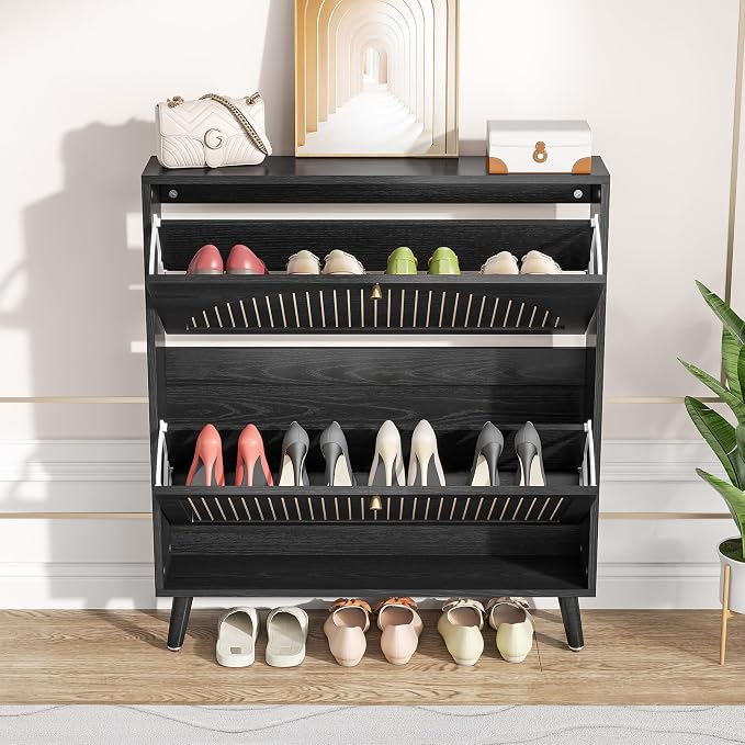 Fsbecl Shoe Storage Cabinet for Entryway with 2 Flip Drawers, Narrow Wood Shoe Cabinet with Fluted Panel, Freestanding Hidden Shoe Organizer for Foyer, Hallway (Black - No Shelf)