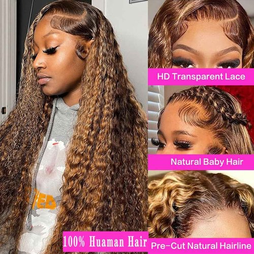 PXTPXT 13x6 Highlight Ombre Lace Front Wig Human Hair HD Glueless Deep Wave Wig Honey Blonde 4/27 Pre Plucked Wet and Wavy Curly Wig for Women Long Natural Soft Human Hair Wigs 22 Inch