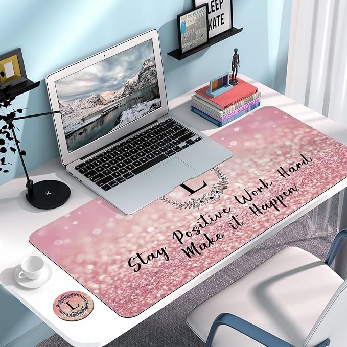 Pink Large Gaming Mouse Pad with Coaster, Desk Mat, Mouse Pad for Computer Keyboard Laptop Office Decor, Stitched Edges Extended Mousepad, 31.5'' x15.6''-Letter L