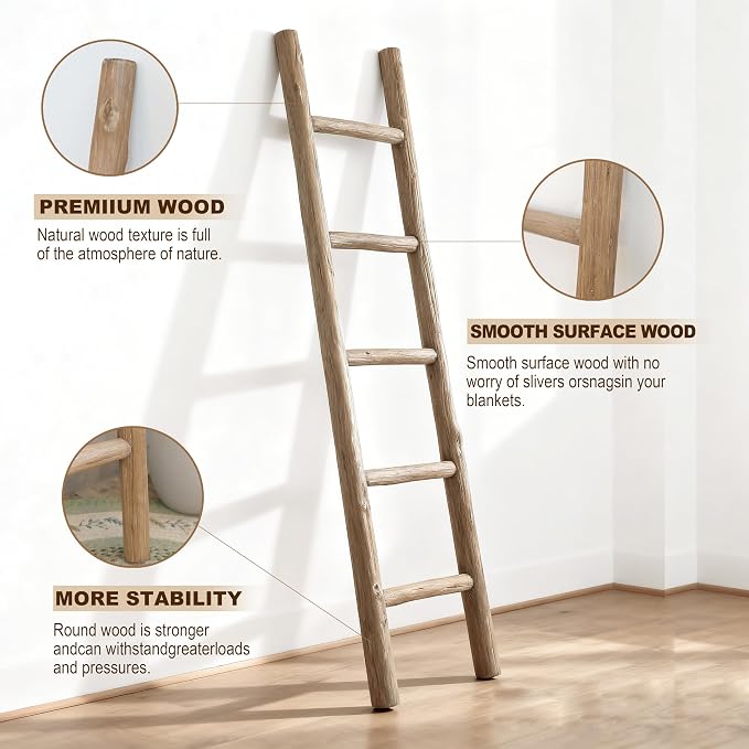 Wooden Blanket Ladder Natural & Motley Wood - Leaning Wall Decor for Bedroom, Bathroom, Living Room - Rustic Quilt Holder & Towel Rack (Natural Wood Brown, 57in | Fully Assembled)