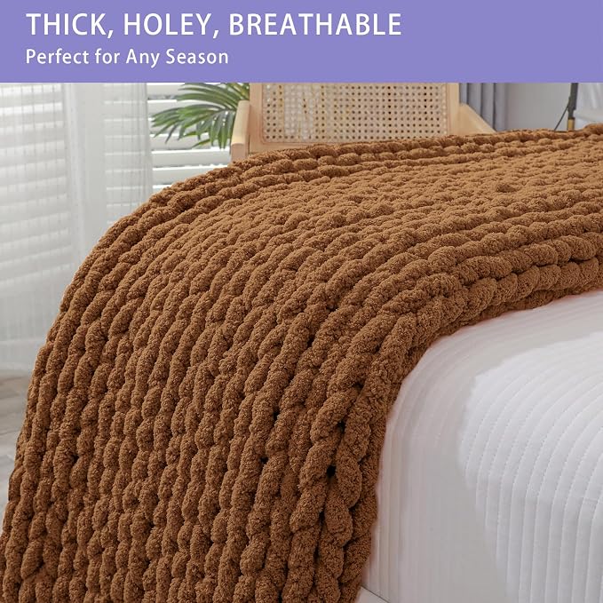 Bigacogo Chunky Knit Throw Blanket for Couch, 40x40 inches, 100% Hand Knitted with Thick Jumbo Chenille Yarn, Cozy Soft Large Rope Knot Cable Crochet Blankets for Sofa Bed Living Room, Caramel