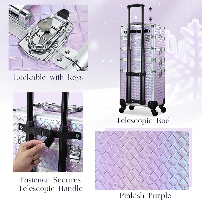 Stagiant Rolling Makeup Case Cosmetology Case on Wheels 4 in 1 Makeup Travel Case Extra Large Cosmetic Box with Key Make Up Artist Traveling Storage Nail Case Salon Barber Cart Trunk Pinkish Purple