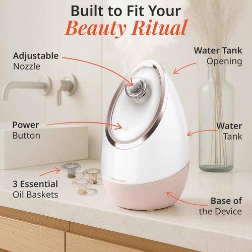 Vanity Planet Aira Ionic Facial Steamer (Rose Gold) - Pore Cleaner That Detoxifies, Cleanses and Moisturizes - Adjustable Nozzle, Water Tank with 3 Essential Oil Baskets