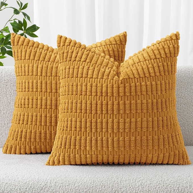 MIULEE Pack of 2 Corduroy Decorative Throw Pillow Covers 16x16 Inch Soft Boho Striped Pillow Covers Modern Farmhouse Home Decor for Summer Sofa Living Room Couch Bed Gold Yellow