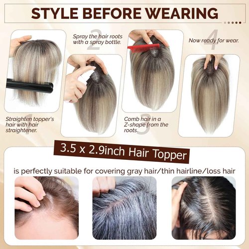 UIPEUBO Hair Toppers for Women Real Human Hair Toppers with Thinning Hairpieces for Women with Bangs 10 Inch Human Hair Topper for Cover Gray Roots (4T427#)