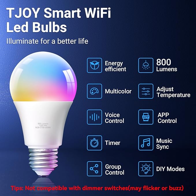 TJOY 10 Pack Smart Alexa Light Bulbs, RGB Bulbs Compatible with Alexa &Google Assistant,Color Changing Light Bulb, 9W(60W Equivalent), A19 E26 800LM, 2.4Ghz WiFi only