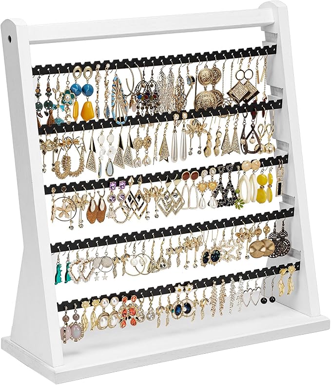 Poyilooo Earring Holder Organizer, Rustic Wood Earring Holder Stand, 5 Layer Jewelry Holder Organizer with 270 Earring Tree Holes Display Rack for Stud Earings & Hoop Earrings, Gifts for Women