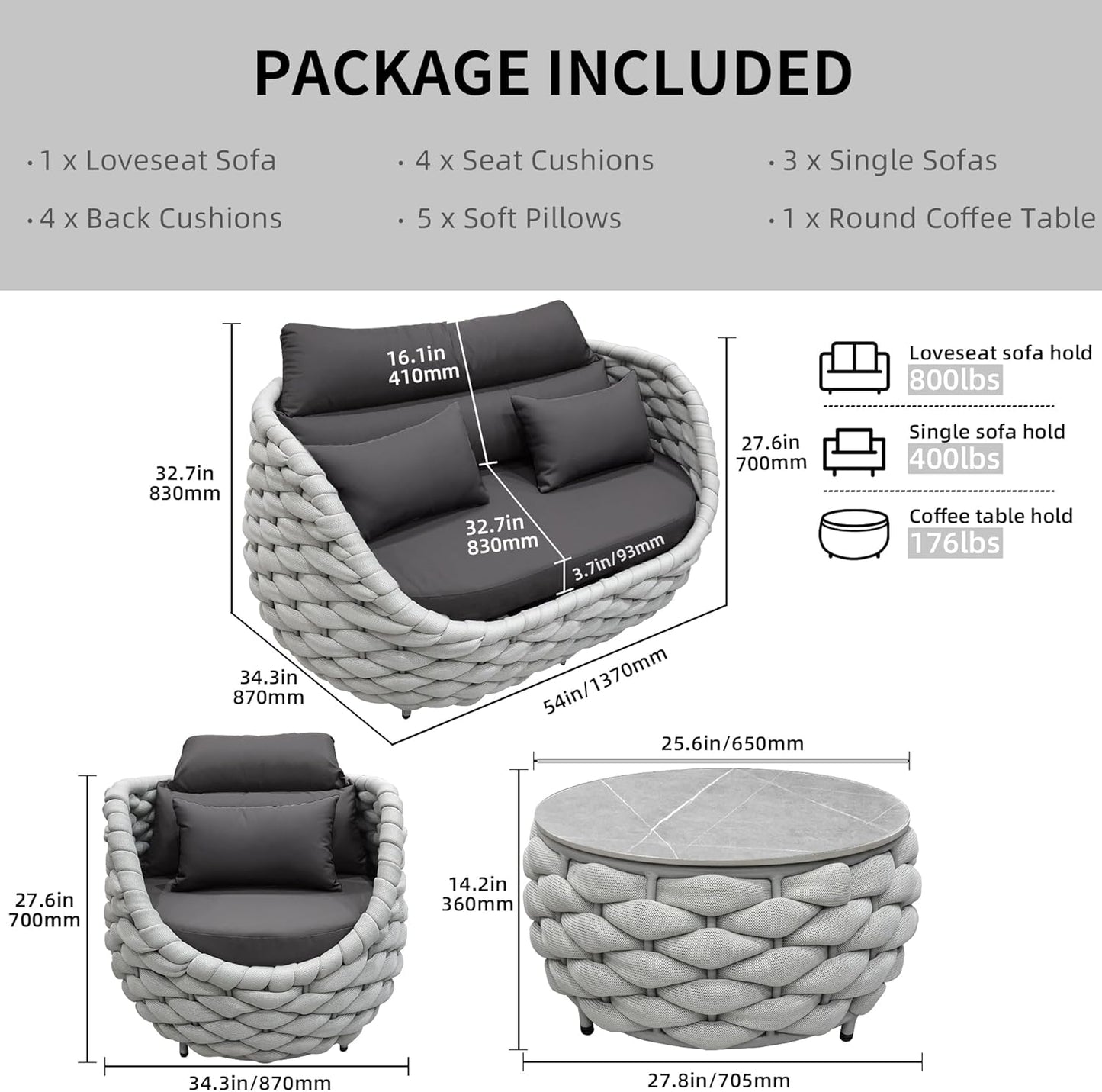 Aluminum Outdoor Patio Furniture Set with Coffee Table, 6 Piece Patio Conversation Sets with Washable Cushions Covers, Patio Sectional Furniture Set for Porch, Balcony, Deck, Yard