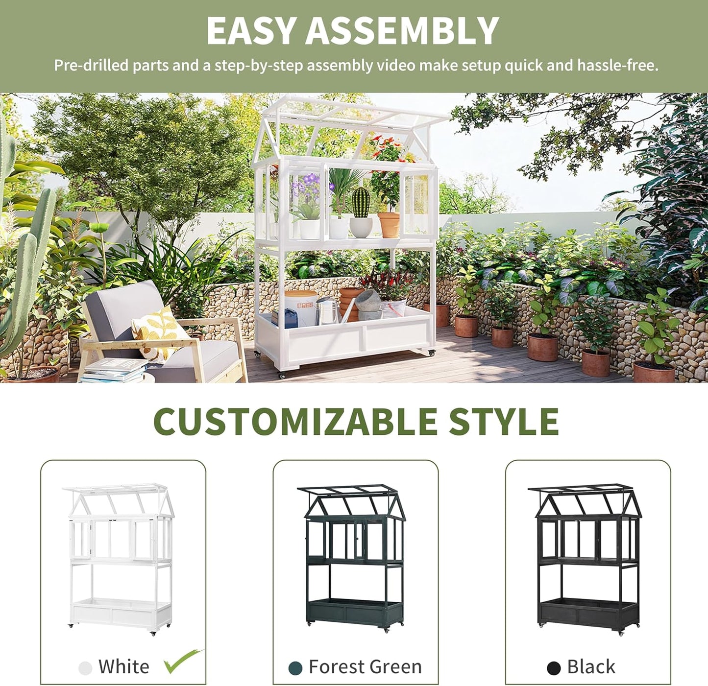 Portable Wooden Cold Frame Greenhouse with Wheels - 47" Mini Greenhouse with Adjustable Roof, Storage Box & Polycarbonate Panels - Plant Protector for Seedlings, Herbs & Winter Gardening (White)