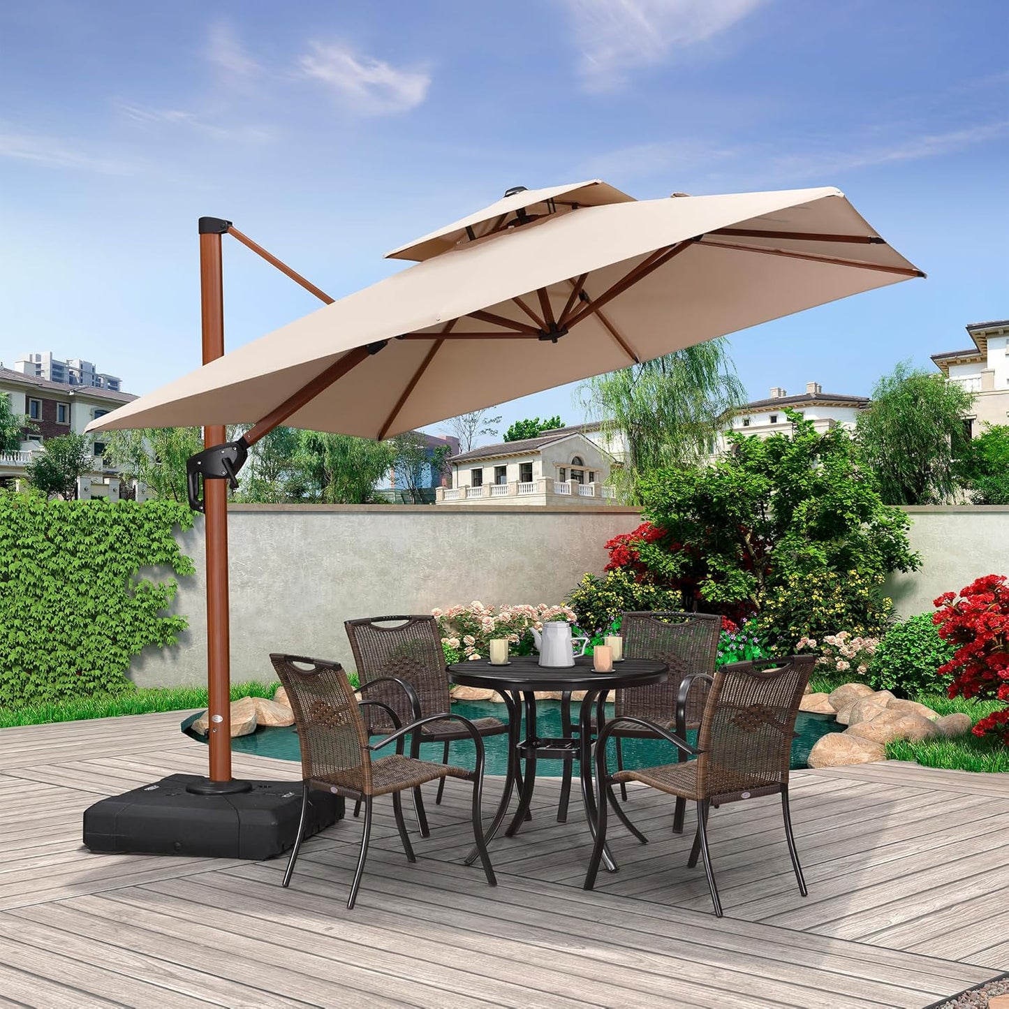 PURPLE LEAF 9ft Patio Umbrella Outdoor Square Umbrellas Large Cantilever Umbrella Windproof Offset Heavy Duty Sun Umbrellas for Garden Deck Pool Patio, Beige