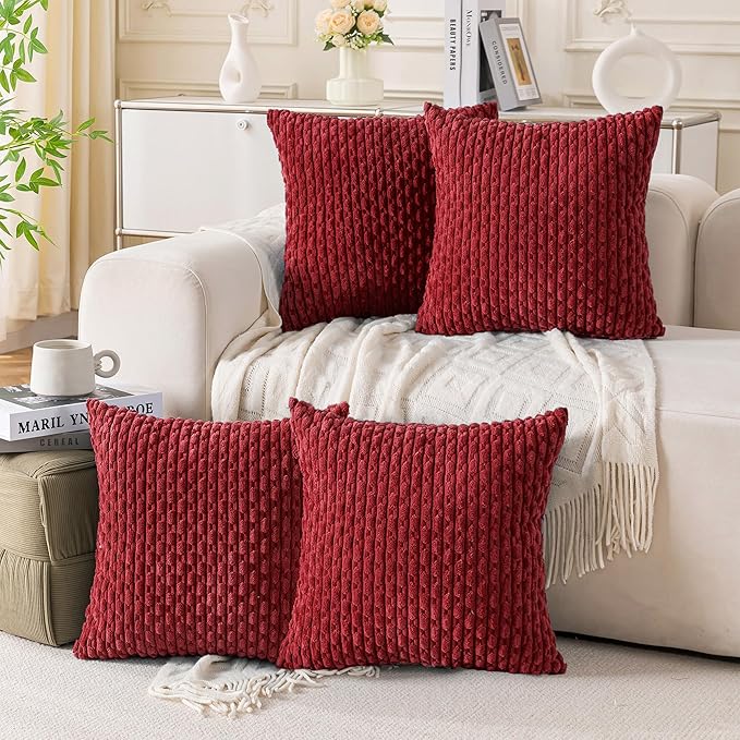 Set of 4 Burgundy Decorative Throw Pillow Covers 22x22 Inch Corduroy Pillow Covers for Bed Couch Sofa Living Room Soft Square Cushion Cases