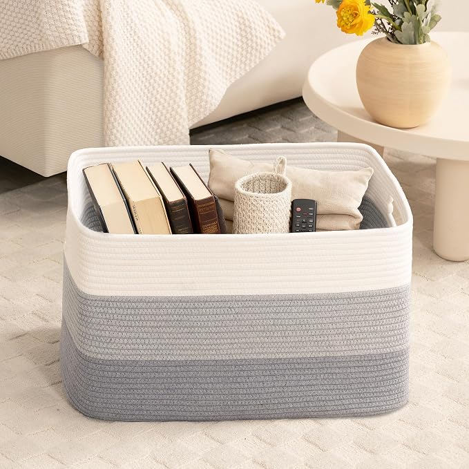 45L Small Laundry Basket with Leather Handles for Living Room Storage, Woven Rope Baskets Bin for Blanket, Kids Toy, Gifts, Wicker Hamper for Bedroom Dirty Clothes, 18"x14"x11" Gradient Grey