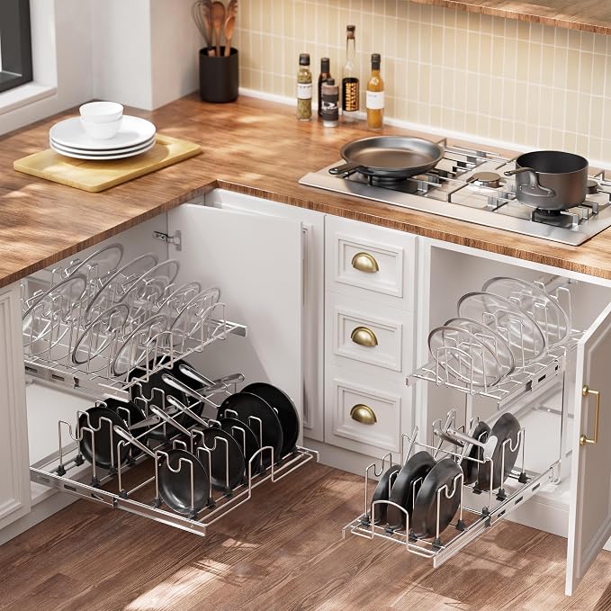 2-Tier Kitchen Pull out Cabinet Organizer for Pots, Pans, and Lid Cookware, Adjustable Heavy Duty Wire Pan and Pot Rack, Full-Extension Rail 21" W *22" D