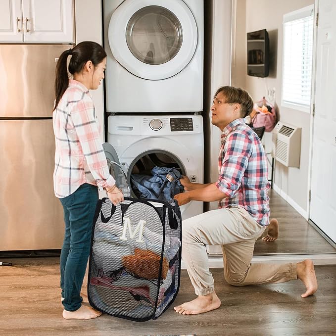 Collapsible Pop Up Laundry Hamper, Extra Large with Removable Initial Letter M, Mesh Foldable Laundry Basket, 28" x 16" x 16" (Black)