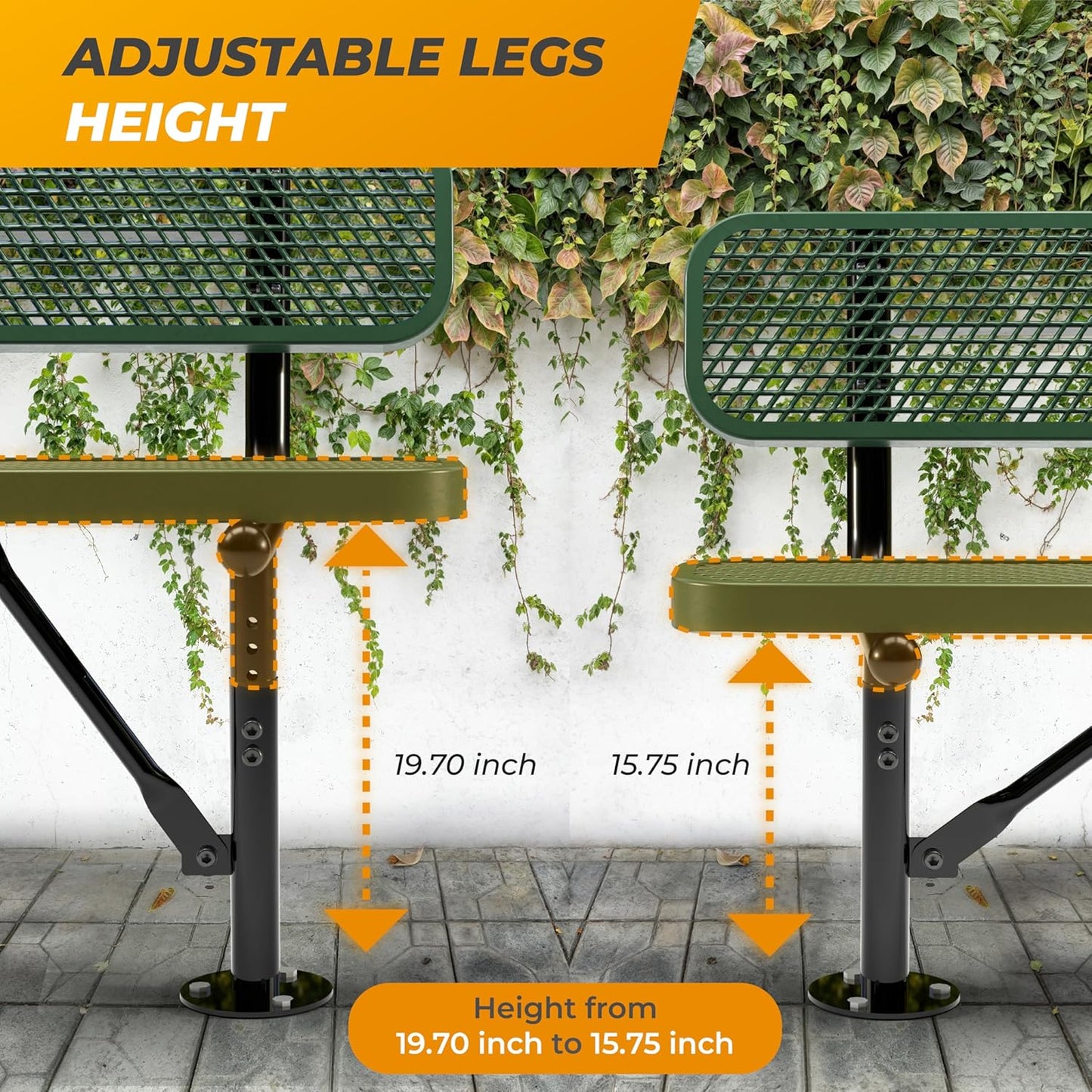 Heavy-Duty Outdoor Metal Bench, Thermoplastic-Coated, Surface, Weatherproof, Commercial-Grade for Parks, Gardens, Patios, Stores & More (4 Ft - Surface with Back, Green)