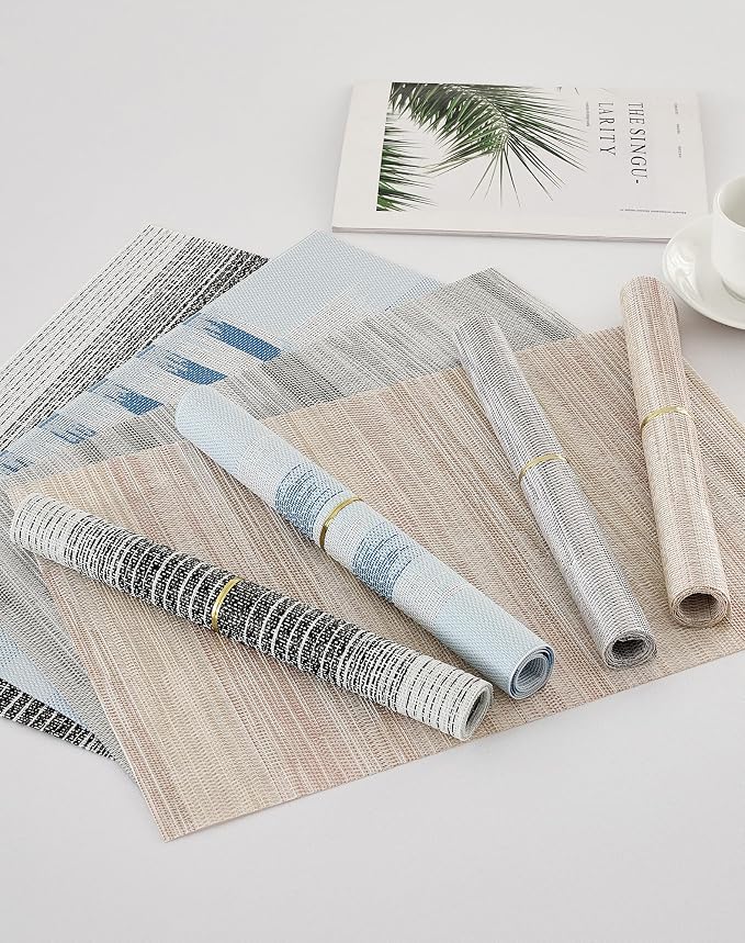 Leetaltree Geometric Print Blue Placemats Set of 8 - Heat Resistant Non-Slip Place mats for Dining Table, Washable Durable PVC Vinyl Woven Table Mats (Geometric Blue, 8)
