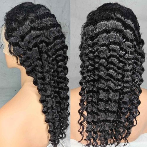 24Inch Deep Wave Lace Front Wigs Human Hair-13x4 HD Transparent Deep Wave Frontal Wigs Human Hair Glueless Curly Wigs for Women 200% Density Curly Lace Front Human Hair Pre Plucked with Baby Hair