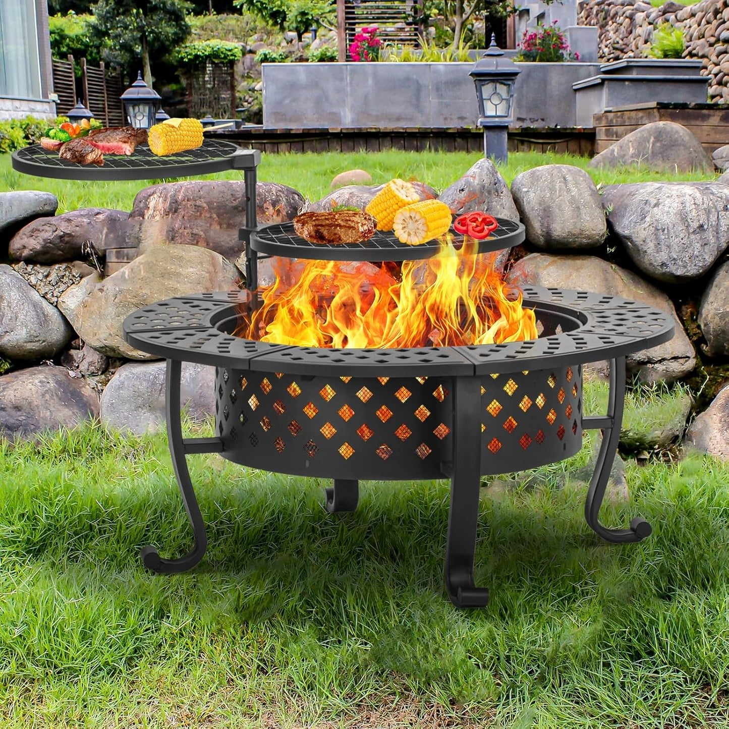 42 Inch Fire Pit with 2 BBQ Grills, Wood Burning Fire Pits for Outside with Lid & Fire Poker, BBQ& Outdoor Firepit & Round Metal Table 3 in 1 for Patio, Picnic, Party