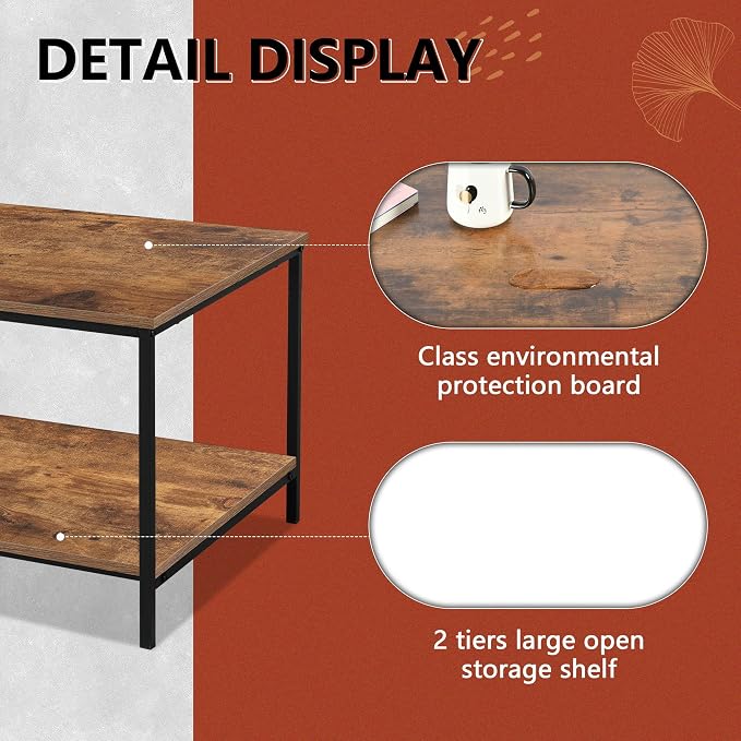 SENIG Small Brown Rectangle Wood and Metal Coffee Table with Storage Shelf for Small Living Rooms