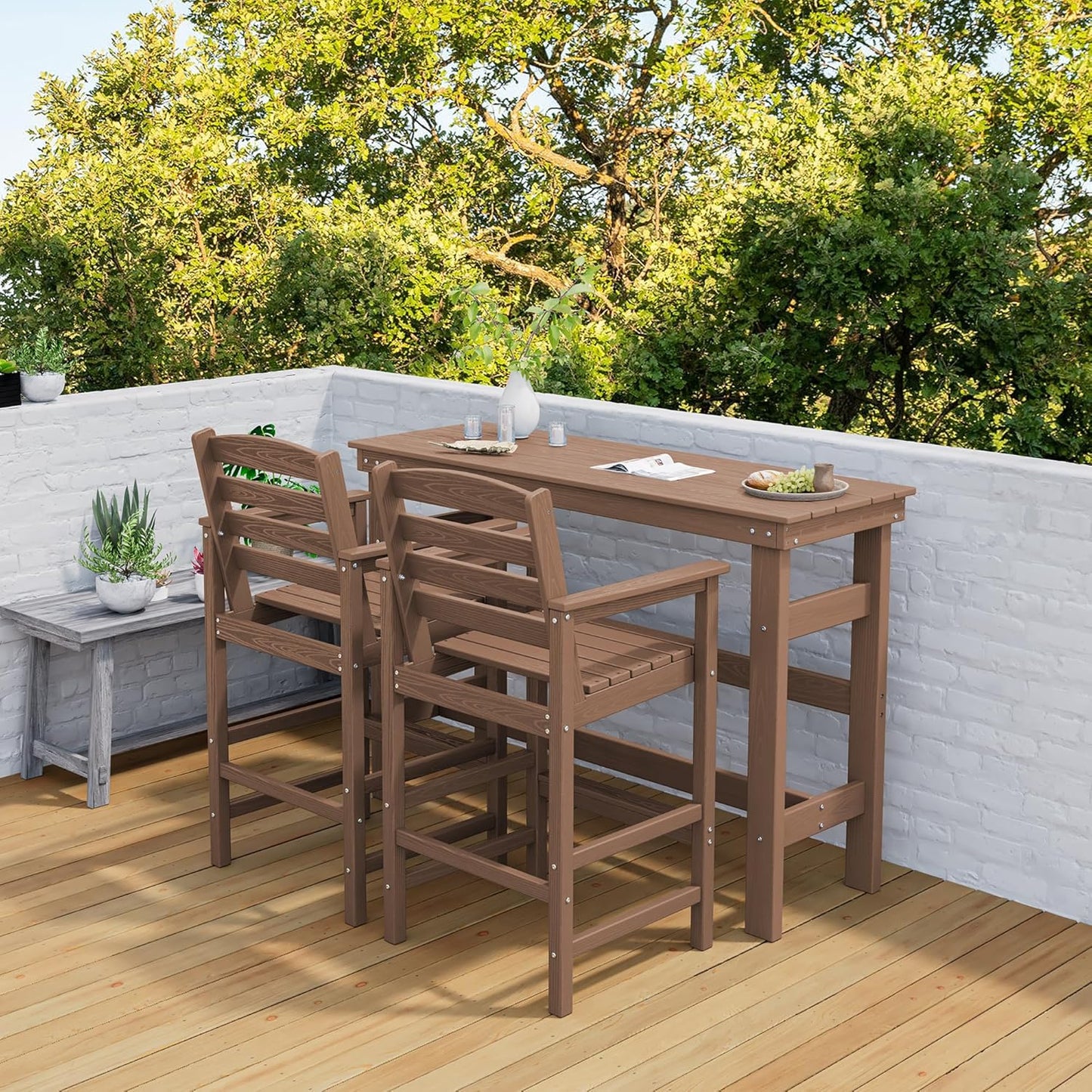 SERWALL 41" Outdoor Bar Table, All Weather HDPE Patio Bar Counter Height Table, Rectangle Patio Bar Table for Outside, Garden, Backyard, Balcony, Poolside, Brown