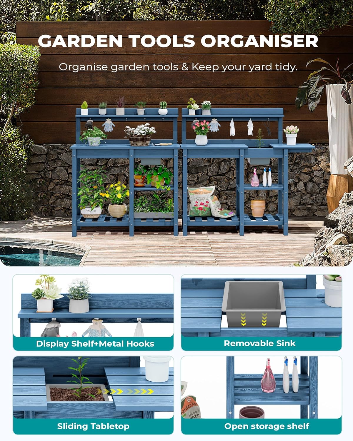 SERWALL Potting Table Set of 2 for Outside All Weather Use- Blue