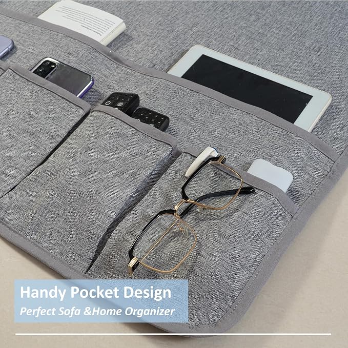 Faux Linen Armchair Caddy for Couch Remote Control Holder Non-slip Sofa Armset Organizer Caddy Storage for Recliner Couch 6 Pocket for Magazine 35"x19.5" Grey Linen 1 Piece