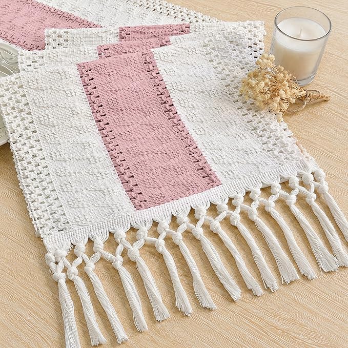 FEXIA Boho Table Runner Summer Home Decor with Tassels 72 Inches Long Pink Farmhouse Rustic Table Runner Burlap Centerpieces for Tables Decoration for Living Room (12x72 Inches)