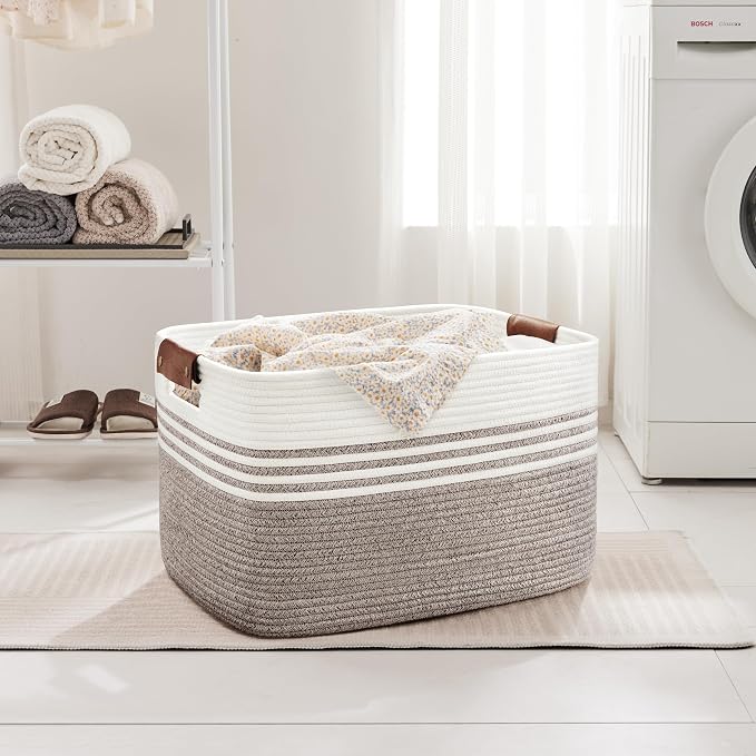 86L Extra Large Laundry Basket with Leather Handles for Living Room Storage, Woven Rope Baskets for Blanket, Kids Toy, Gifts, Wicker Hamper for Bedroom Dirty Clothes, 24"x16"x14" Dark Brown