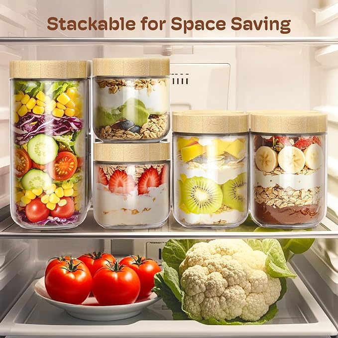 4 pack 24oz Overnight Oats Containers with Bamboo Lids, Glass Jars with Airtight Lids for Meal Prep, Wide Mouth Mason Salad Jars, Glass Food Storage Container for Yogurt Chia Snacks Spice Sugar
