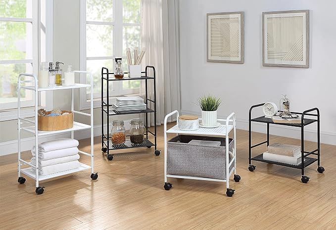 SunnyPoint 2-Tier Metal Rolling Utility Cart – Mobile Storage Shelf with Caster Wheels – Small Space Organizer for Home, Office, Bedroom, Kitchen (BLK) (Pack of 2)