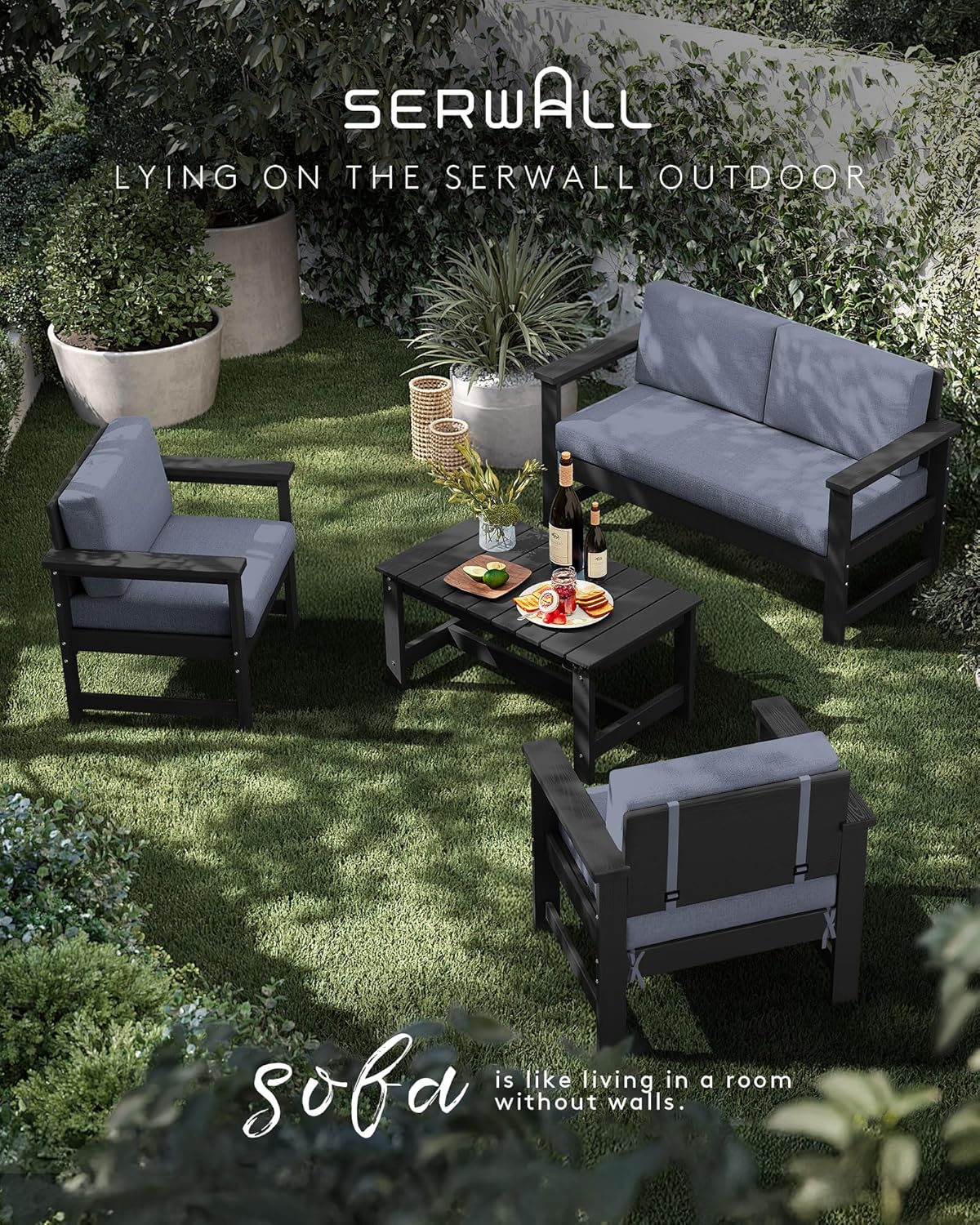 SERWALL 8 Pieces HDPE Outdoor Conversation Sofa Set with Cushion, All Weather Couch Loveseat Furniture Set with Pads, Outdoor Social Sofa Coffee Table Set, Black Frame with Grey Cushions